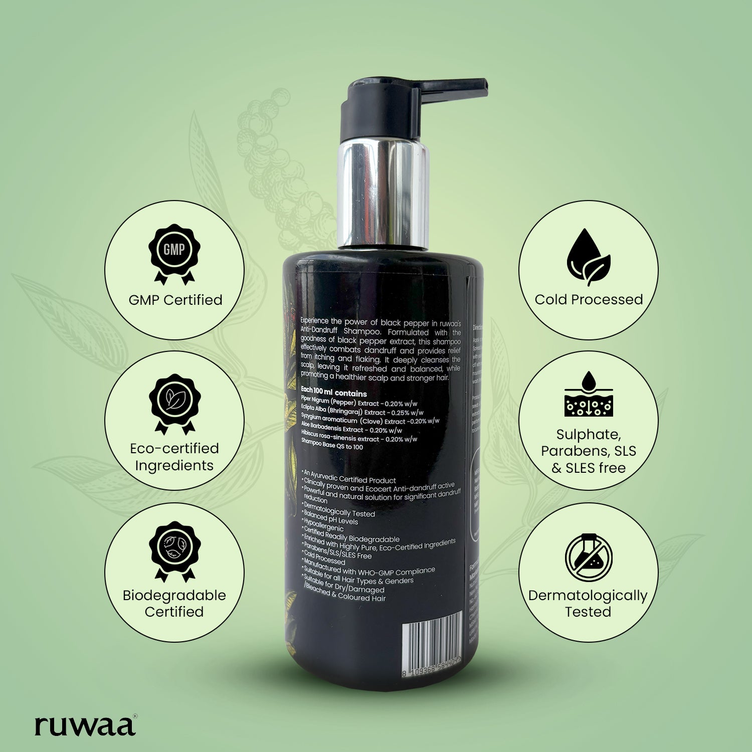 Ruwaa Anti-Dandruff Shampoo with Black Pepper Clinically Proven to Eliminate Dandruff | Soothe Itchy Scalp | Inhibit 100% of Dandruff-Causing Agents