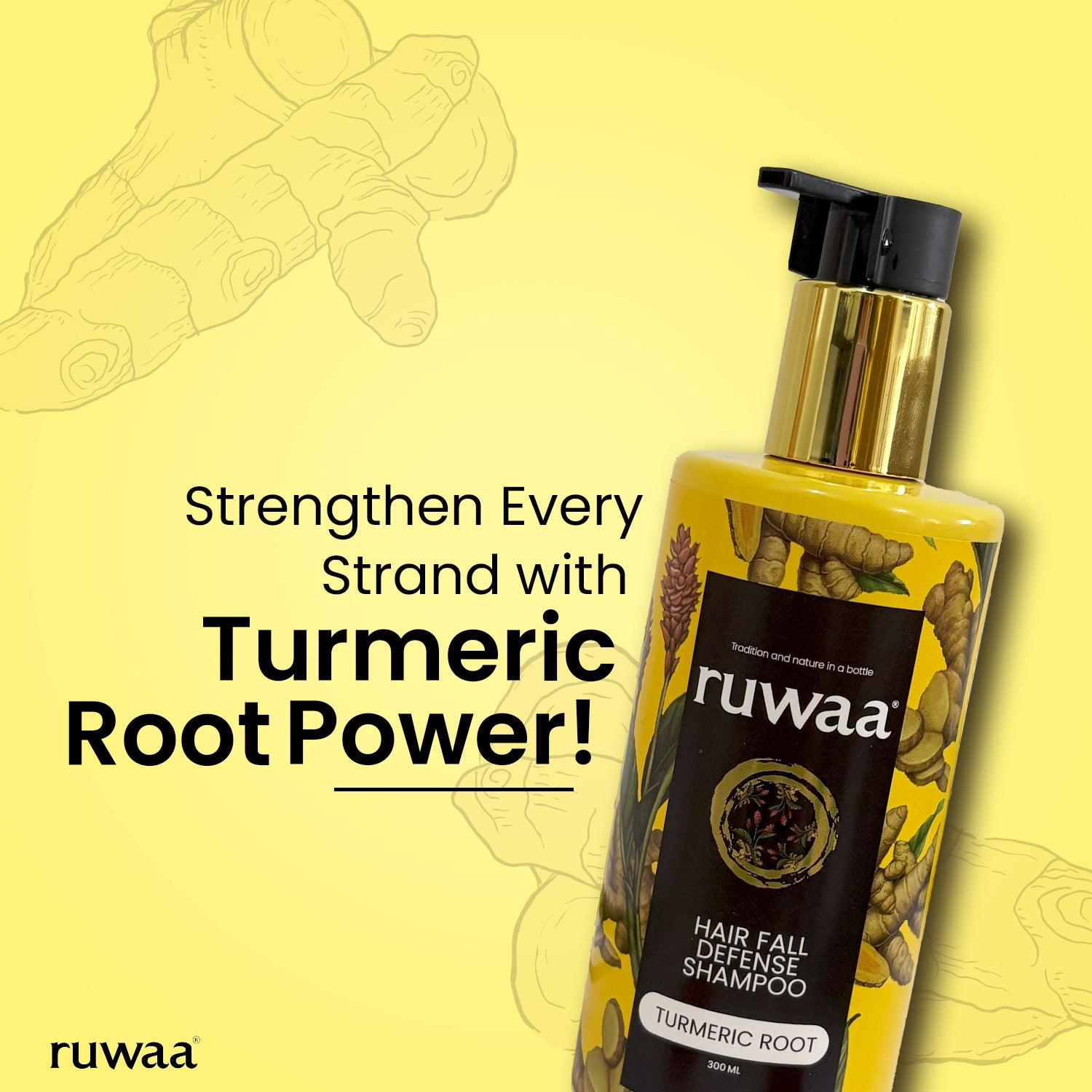 Ruwaa Turmeric Root Hair Fall Defense Shampoo Reduces Hair Fall by up to 83% | Strengthens Follicles | Promotes Thicker Healthier Hair